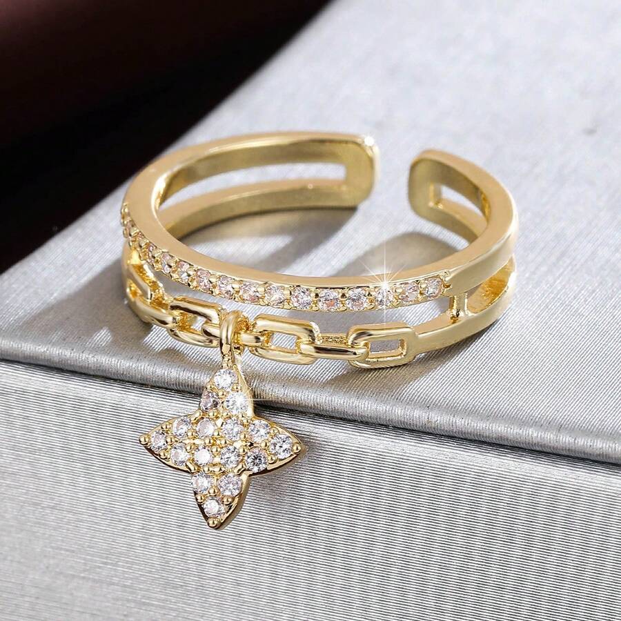 1pc Minimalist Hanging Design 4-Pointed Star Artificial Zirconia Adjustable Open Ring For Women - Multicolor - View 1