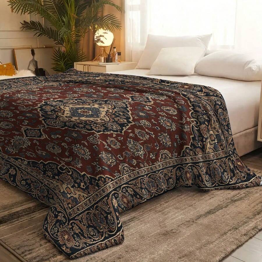 Digitally Printed Flannel Blanket, Featuring A Red Persian Carpet Design With Floral And Geometric Patterns In The Center.This Soft And Warm Blanket Is Reusable And Perfect For Use On The Sofa, In The Office, On The Bed, Or While Camping - Nhiều màu - Xem 1