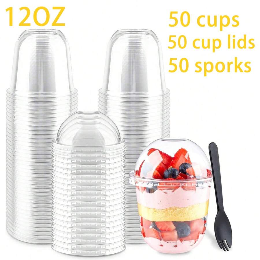 100 Pack Plastic Dessert Cups With Dome Lids (No Hole) And Sporks, 8oz/12oz/16 Oz Clear Disposable Fruit Cups With Lids, Disposable Clear Parfait Cups, PET Crystal Clear Cups, Snack Bowls For Parties For Yogurt Parfait Ice Creams Pudding Cakes Appetizers, Fruits, Mousse - 12oz(360ml) - 查看 1
