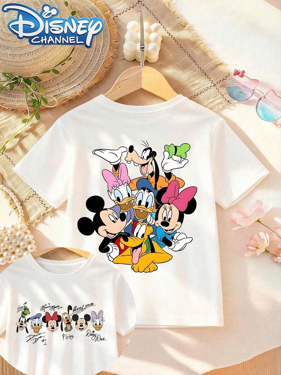 Disney Casual And Simple Crew Neck Short-Sleeve T-Shirt Features Mickey Mouse And His Friends' Signature Patterns, Designed Specifically For Infants And Toddlers, Suitable For Both Boys And Girls, Making It An Ideal Choice For Summer Wear. - trắng - Xem 1