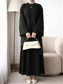 女款優雅時尚酒紅色兩件套，休閒寬鬆上衣與長裙套裝，秋季日常穿著長裙，返校穿搭 - 黑色 - 查看 5