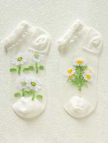 1/5/10 Đôi tất sợi thủy tinh trong suốt, tất trắng dành cho học sinh không bị tuột, tất cổ nông vô hình cho nữ, tất mùa hè màu trắng rỗng thoáng khí họa tiết hoa cúc mỏng nhẹ kiểu thuyền - Nhiều màu - Xem 6