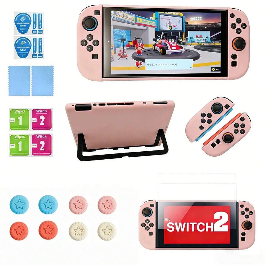 Switch 2 Hard Shell Protective Case, Includes 2 Tempered Glass Screen Protectors And 8 Thumb Grips, Detachable Full Body Protection Shell, Solid Color Series - Pink