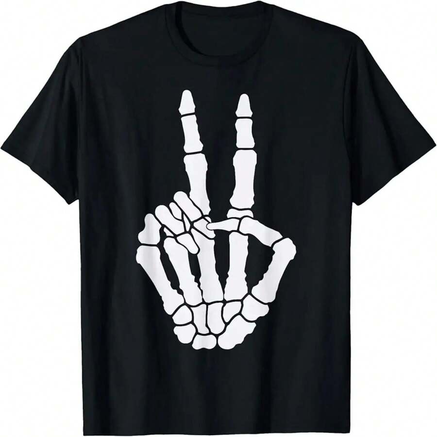 Camiseta de Halloween con diseño de mano de esqueleto y signo de la pazTendencias - Negro - Ver 1