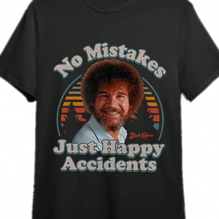 Men'S No Mistakes Just Happy Accidents Bobs Ross Vintage Artist T Shirt Black Cotton Short Sleeve Crew Neck - 款式 - 查看 1