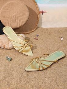Women's Solid Color Fashion Versatile Flat Thong Sandals, Casual Beach Slippers, Summer Flip Flops - Gold - View 7