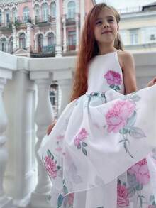 女童碎花薄纱蓬蓬裙，适合派对、花童、公主等场合，如重要场合、节日、生日派对、宴会等。 - 粉色 - 查看 11