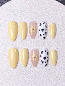 10pcs Handmade Short Almond Shaped Fake Nails, Creamy Yellow Color, Sweet Girl Style Summer Nails, Includes Nail Art Decorations And Tools, Easy To Apply And Remove, Suitable For Various Occasions - Yellow - View 5