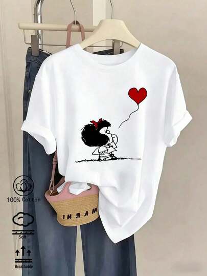 Camiseta oversize de mujer 100% algodón, con patrón de corazón de amor puro, adecuada para primavera/verano y estilo casual/deportivo durante todo el año, camiseta de manga corta blanca femenina, suave y transpirable