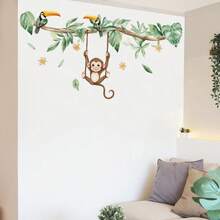 1pc Fresh Green Plant & Animal Wall Sticker, Toucan Monkey Self-Adhesive Easy To Apply Wall Decor For Kids Room - Multicolor - View 5