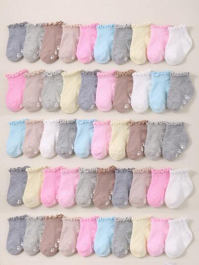 20/10/5/1 Pairs Random Style Anti-Slip Floor Socks, 3D Paw Print Dotted Rubber Grip Pattern For Better Traction To Help Babies Learn To Walk, Suitable For Infants And Toddlers, Heart And Bear Rubber Sole Designs, Ruffled Elastic Lace Trim Cuff, Fit For 0-3 Years Old, All Seasons