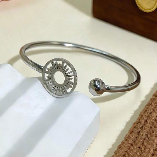 1pc Stainless Steel Minimalist Open Bangle Bracelet, Heart, Ball, Butterfly, Money Tree, Sunflower Series Couples Bracelet