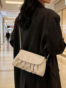 Bolso de hombro con cadena plateada fruncida para mujer, bolso cruzado de solapa brillante de moda para fiesta y uso diario - Multicolor - Ver 11