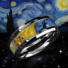 8mm Beveled Stainless Steel Ring, Inlaid With Artwork Inspired By Van Gogh's "Starry Night Over The Cafe Terrace", Artistic Style, Comfortable Fit, Suitable For Men And Women, Ideal Gift For Art Lovers, Weddings And Anniversary - Multicolor - View 1