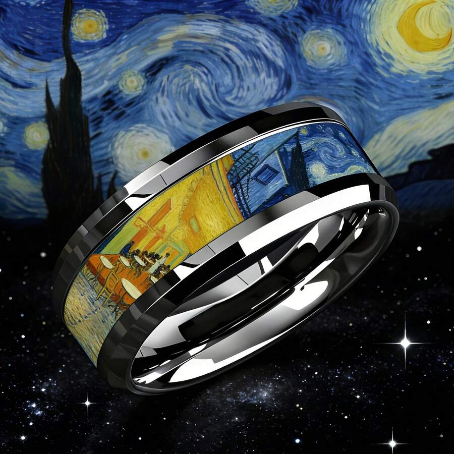 8mm Beveled Stainless Steel Ring, Inlaid With Artwork Inspired By Van Gogh's "Starry Night Over The Cafe Terrace", Artistic Style, Comfortable Fit, Suitable For Men And Women, Ideal Gift For Art Lovers, Weddings And Anniversary - Multicolor - View 1
