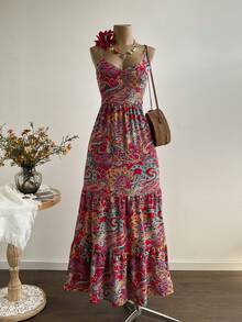 Rusttydustty Đầm in hoa phong cách Bohemian Perris với nơ thắt, thanh lịch cho kỳ nghỉ mùa hè - Màu đỏ tím - Xem 1