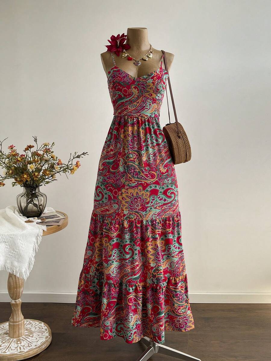Rusttydustty Đầm in hoa phong cách Bohemian Perris với nơ thắt, thanh lịch cho kỳ nghỉ mùa hè - Màu đỏ tím - Xem 1