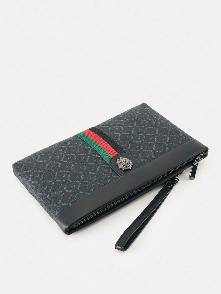 HOVI'S Túi cầm tay nam in họa tiết monogram - Túi xách công sở sang trọng với biểu tượng đầu sư tử, sọc đỏ-xanh lá cây, dây đeo cổ tay có thể tháo rời và dung tích lớn, lý tưởng cho các sự kiện buổi tối và các cuộc họp kinh doanh, món quà hoàn hảo dành cho nam giới. - màu đen - Xem 2