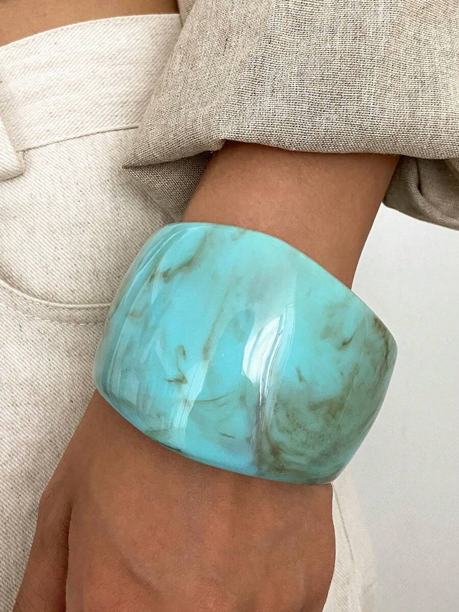1pc/4pcs/Set Bohemian Geometric Asymmetrical Arc Resin Cuff Bracelet, Luxurious Casual Party Women Couples Wedding Holiday Versatile Metal Jewelry Bracelet Gift (The Material And Color Of The Bracelet Are Subject To The Actual Product) - Màu xanh Bạc hà - Xem 1