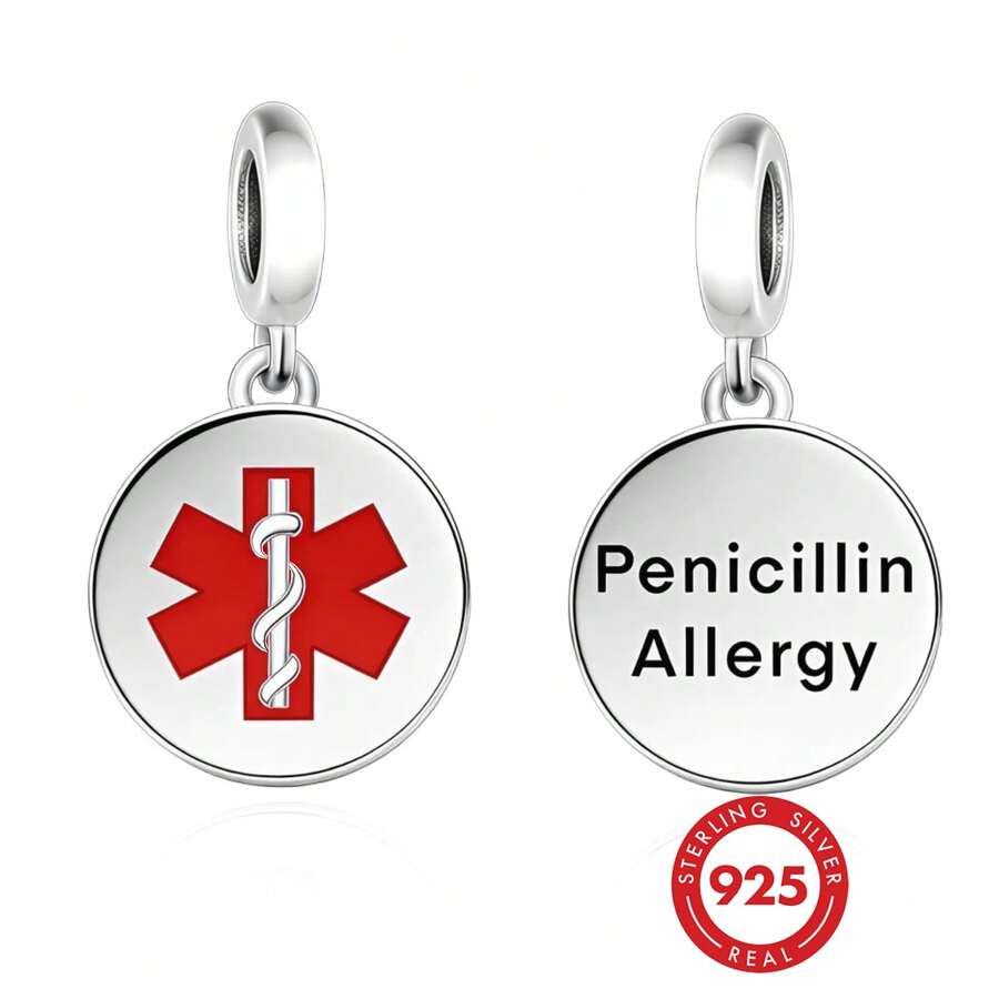1 pieza Colgante de alerta médica minimalista de plata de ley 925 con forma redonda, conciencia sobre alergia a la penicilina, regalo de de emergencia conmemorativo unisex DIY - Plateado - Ver 1