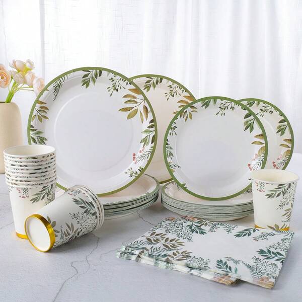 Bộ đồ dùng tiệc dùng một lần viền vàng họa tiết lá cây trang nhã gồm đĩa giấy 9 inch và 7 inch, cốc giấy và khăn ăn, nhiều kích cỡ để lựa chọn, bộ đồ ăn in hình lá cây lãng mạn thích hợp cho đám cưới, tiệc cô dâu, lễ đính hôn, kỷ niệm, ngày lễ, lễ hội, dã ngoại, cắm trại, tiệc nướng BBQ, tiệc vườn, bữa sáng muộn, họp mặt gia đình, tiệc văn phòng, trong nhà.