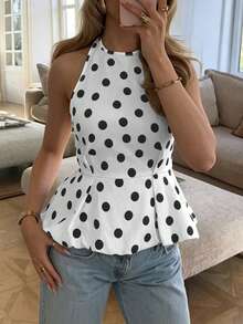 2026 Nueva Moda Elegante Camiseta de Tirantes con Cuello Halter a Lunares para Mujer, Adecuada para Playa, Cita, Uso Diario, Festival, Verano Blanco - Blanco - Ver 13