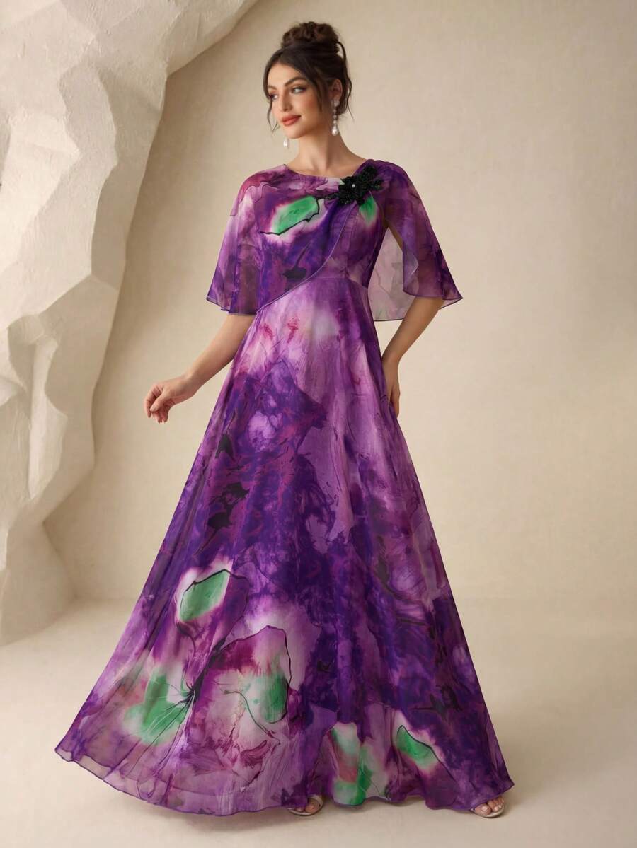 SUPGIR [Vestido elegante de gasa con diseño de volantes florales con cuentas, de manga mariposa y cuello redondo, con estampado floral de acuarela aleatoria] - Morado - Ver 1