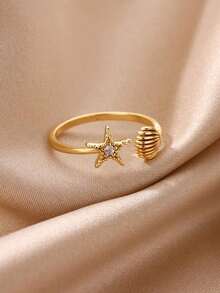 1Pc Marine Life Starfish Shell Ring With Zirconia, Dainty Ocean Sea Shell Open Adjustable Finger Ring, Ladies Jewelry Fashion Accessories - Yellow Gold - View 9