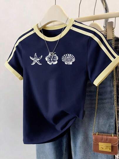 1 pieza Camiseta casual de mujer a rayas - Estampado vintage desgastado de estrella de mar, hibisco y concha, estilo de vacaciones en la playa, cuello con ribete de color de contraste, suave y transpirable, ideal para verano, viajes a la playa, salidas diarias, camiseta con estampado náutico para mujeres y adolescentes