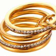One Stainless Steel Interlocking Full-Diamond Three-Ring Two-Tone Multi-Element New Every - Gold - View 4