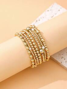 Bộ 7 vòng tay thủ công cổ điển màu vàng đồng đính hạt và ngọc trai giả, co giãn, dành cho nữ, phong cách thời trang, dự tiệc, trang sức boho, quà tặng. - Vàng - Xem 2