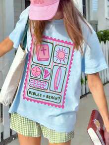 Blusa de mujer "BIBLIAS + PLAYA" con estampado de cuadros rosas y verdes, de ajuste holgado, suave y transpirable, estilo dulce de chica americana con manga corta, adecuada para el verano, vacaciones en la playa, visitas a la iglesia y salir con amigos de forma casual - Celeste - Ver 6