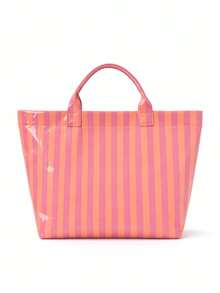 1pc Women's Striped Transparent Tote Bag, Large Capacity Glossy PVC Shoulder Bag, Lightweight Waterproof Beach Bag, Summer Travel Shopping Tote, Casual Fashion Tote Bag, Suitable Daily Commute And Travel, Beach Bags - 橙色和粉紅色條紋 - 查看 13