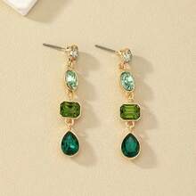 1Pair Gradient Green Rhinestone Dangle Earring Light Luxury Retro Elegant Rhinestone Drop Earrings Women's Earring Jewelry Gift - 綠色 - 查看 2