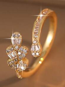 1 chiếc nhẫn đơn hình lá thanh lịch, đính đá Cubic Zirconia, chất liệu đồng cao cấp có thể điều chỉnh kích cỡ, phù hợp cho nữ giới dự tiệc, lễ đính hôn/đám cưới, công sở, học thuật, kỳ nghỉ và đeo hàng ngày. - Vàng - Xem 7