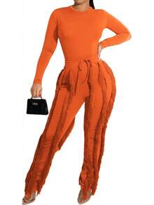CALEBGAR Women's Sexy Two Piece Outfits Long Sleeve Fringe Pants Set Clubwear Going Out Birthday Party Night Outfits - 橘色 - 查看 10