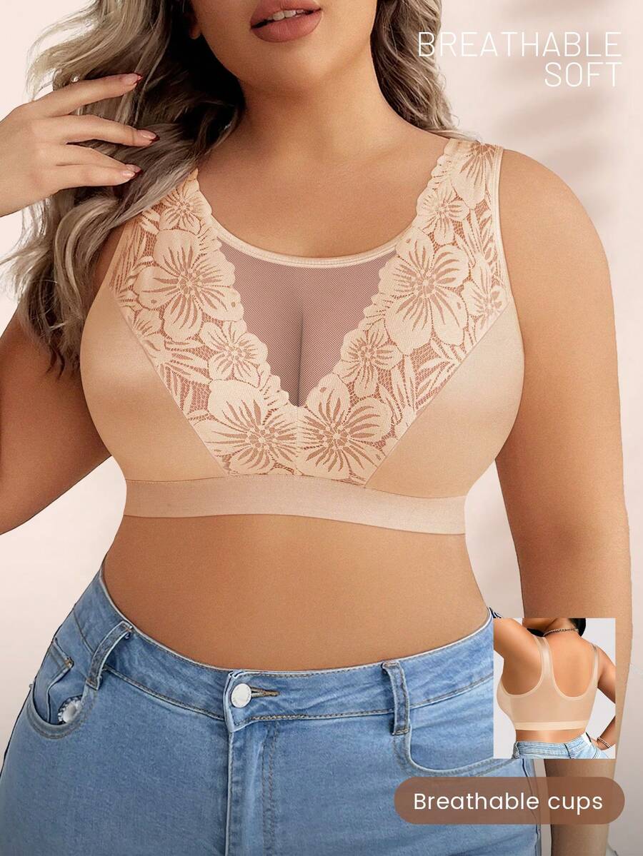 Plus Size Women's Daily Bra, Floral Print Design, Lace Patchwork, Breathable