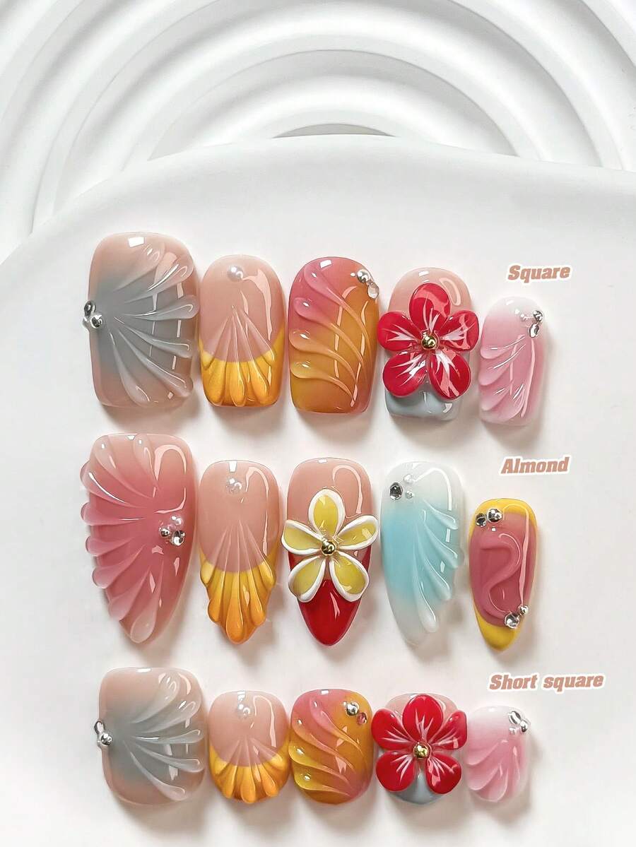 10Pcs Childlike Hand Drawn Style Handmade Press On Nail,Polygel Nail Set,Handcrafted,Red, Yellow,White Nail Polish,Fresh Summer Style,Includes Nail Tools,3 Sizes Available,Square,Short Square,Almond,Nails For Party,Dance,Daily Wear. - 彩色 - 查看 1