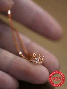 1 chiếc dây chuyền mặt dây chuyền hình vương miện cổ điển sang trọng bằng bạc Sterling S925 mạ vàng, đính đá Zirconia, thích hợp cho nữ/bạn gái, quà tặng trang sức thời trang cho tiệc tùng, sinh nhật, hoặc đeo hàng ngày. - Hoa hồng vàng - Xem 2