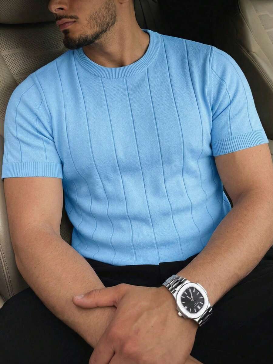Men's Ribbed Texture Crew Neck Knit Short Sleeve Top, Casual Basic Everyday Wear - Baby Blue - View 1