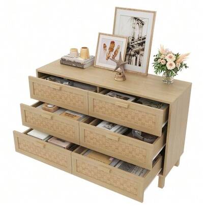 Elegant Sideboard And Kommode Aus Naturholz Mit Sechs Schubladen, Schlafzimmerschrank Mit Viel Stauraum, Schubladen In Rattanoptik.