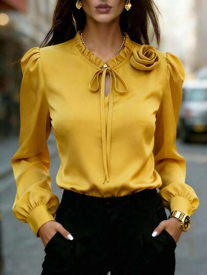 Áo sơ mi nữ dài tay bằng polyester trơn, cổ buộc nơ và họa tiết hoa – Áo kiểu quấn thanh lịch, thoải mái, phù hợp cho công sở, đi làm, đi làm và mặc hàng ngày, áo nhẹ bốn mùa (Xuân, Hạ, Thu, Đông)