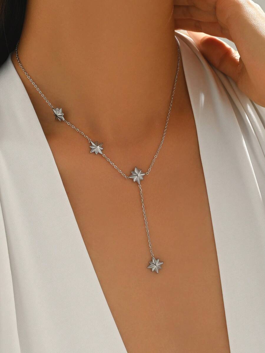 LIEBEIRIS 1 pieza Collar de acero inoxidable con cadena en forma de Y chapada en oro de 18K y colgante de estrella octagonal para mujeres - Plateado - Ver 1