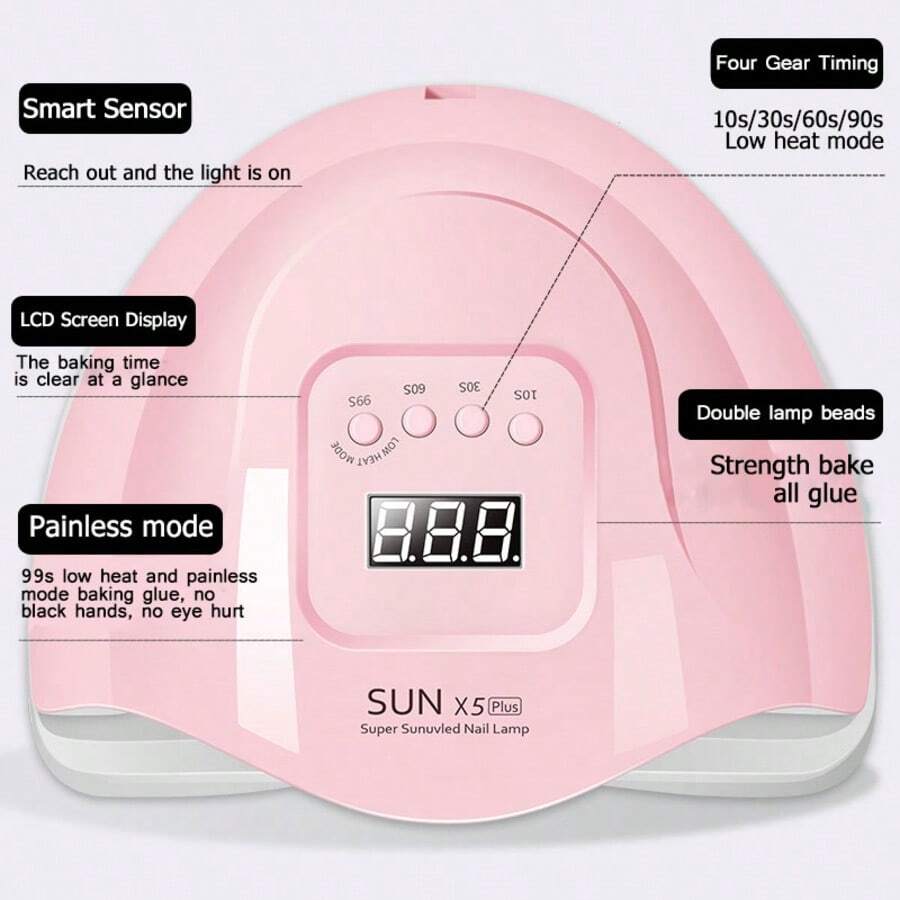 36颗LED灯珠，19W超快速固化UV美甲灯 SUN X5 Plus，具备低温模式、自动感应和大显示屏，专业美甲工具 - 粉色 - 查看 1