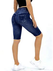 Damen Lässig Mode Kunstleder Denim Blau Shorts Minimalistisch Elegant Stretch Leggings Slim Fit Vielseitig Unterteile Outdoor Party Spaziergang Urlaub Sommer - Blau - Übersicht 5