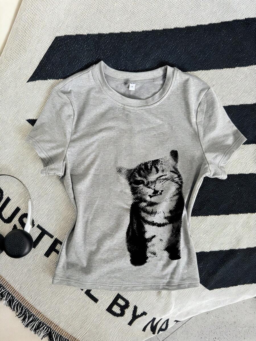 夏季新款简约时尚网纱猫咪插画休闲圆领短袖修身T恤,百搭时尚,适合女性度假穿着 - 深花灰 - 查看 1
