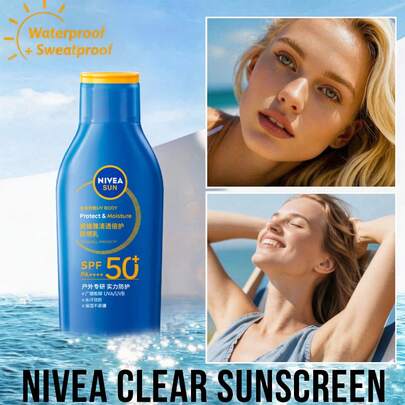 NIVEA SPF 50+ PA++++ 透明防晒霜，有效防护紫外线，防止晒伤，对抗肌肤老化，防水，高效广谱防晒，浓缩配方，清凉舒爽，保湿滋润，适合所有肤质，适用于户外活动、海滩度假、水上运动和炎热天气。