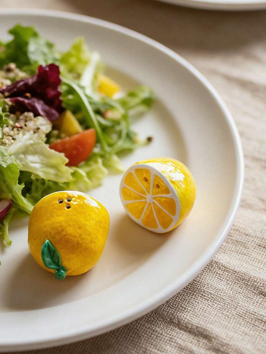 2pcs Lemon Shape Ceramic Salt And Pepper Shakers Set Cute Fruit Design Seasoning Bottles For Kitchen Dining Table Decor - Yellow - View 1