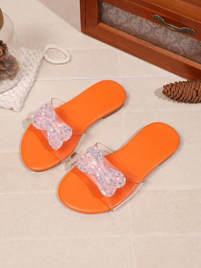 1 Pair Girls' Fashion Slippers, Soft Transparent PU + Shiny Bow Decor, Round Toe, Soft Non-Slip Sole, One-Step Wear, Sweet Princess Style Beach Slippers For Daily, Beach, Suitable For Spring/Summer