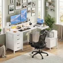 Devoko L-Shaped Corner Desk, Height-Adjustable Monitor Stand + 2 USB Ports + 2 Power Outlets + 5 Drawers, With Storage Space For PC Mount And Printer, Gaming Desk With LED Lighting, Black - 查看 2